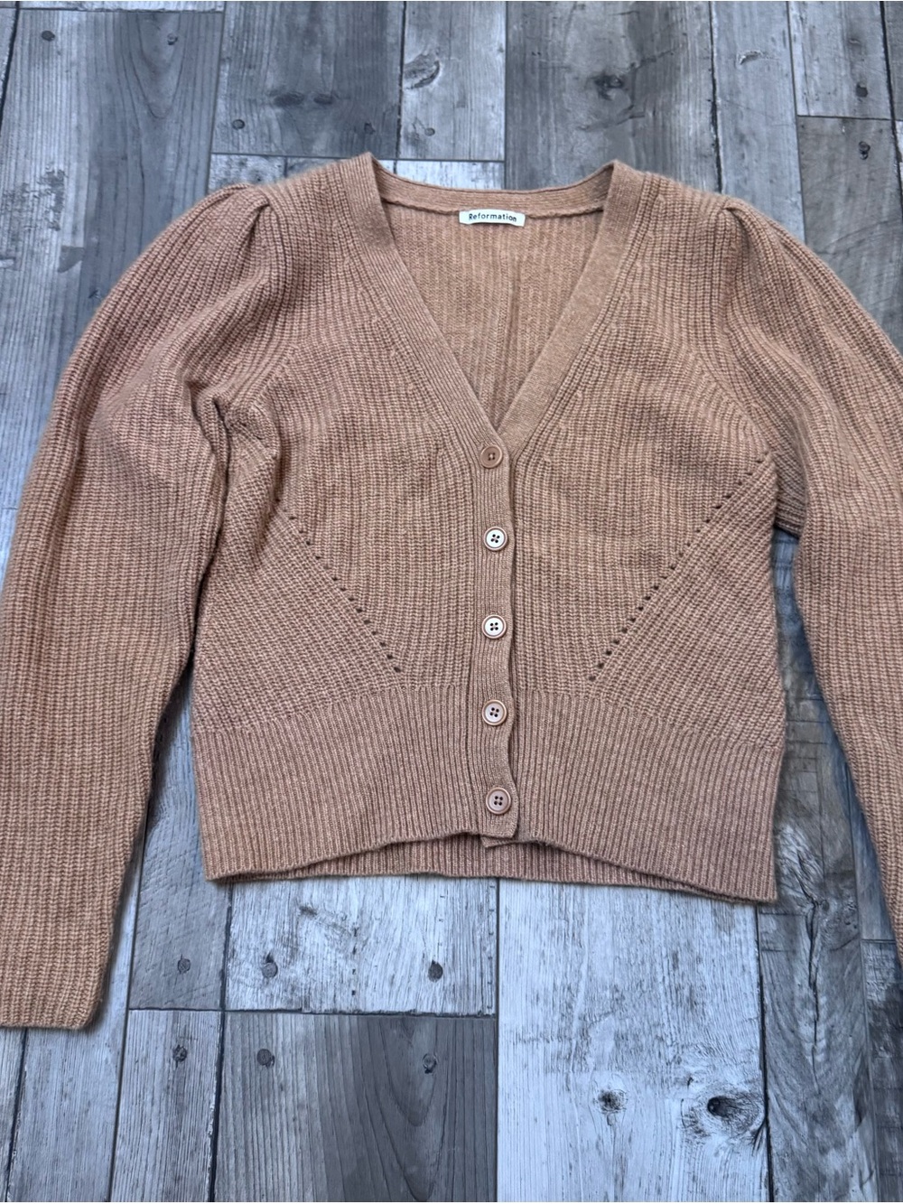 Reformation Fossi Puff Sleeve Cashmere V-Neck Button Down Cardigan Small Camel - Picture 2 of 7